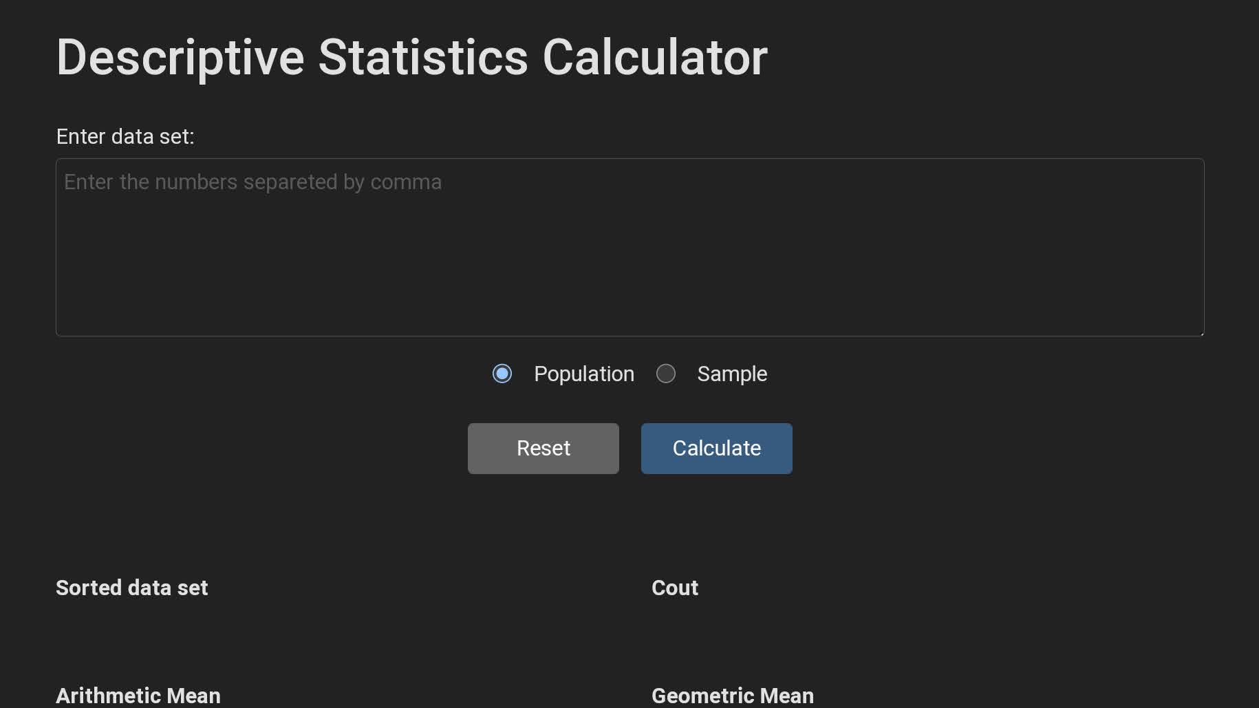 print screen of Descriptive Statistics Calculator