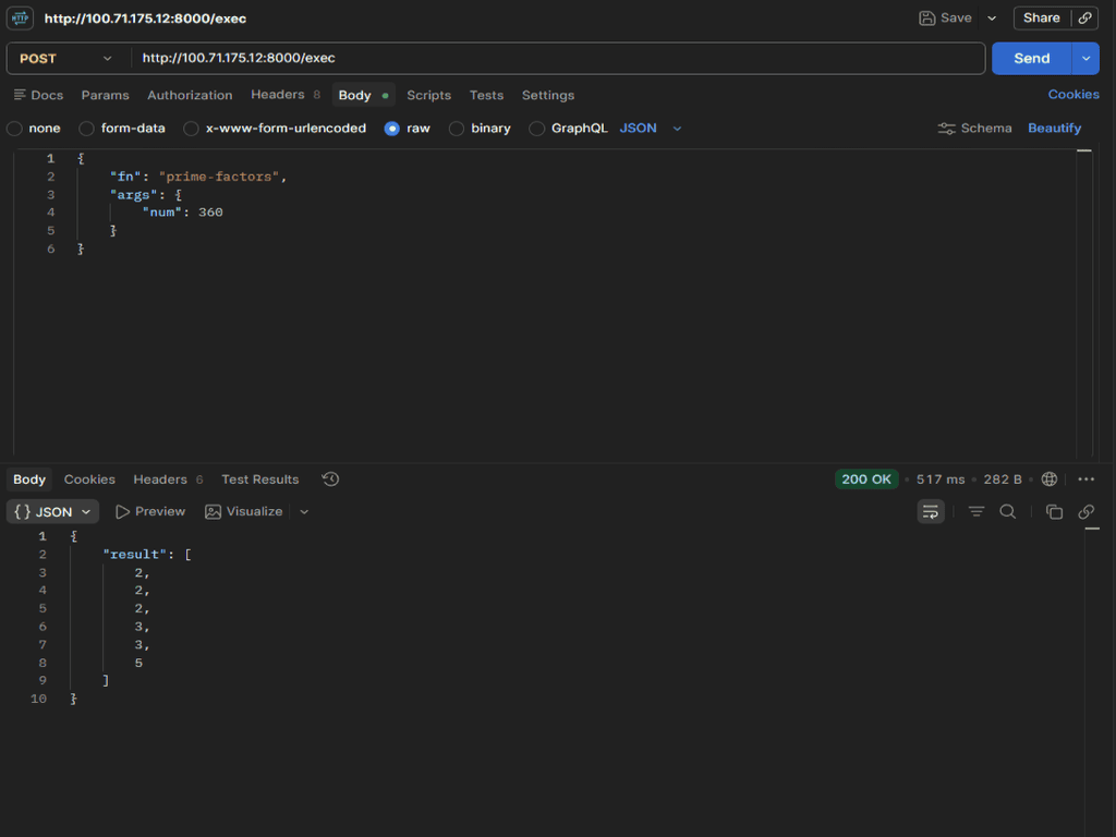 Postman request demonstrating HTTP endpoints and JSON responses for MathLib API