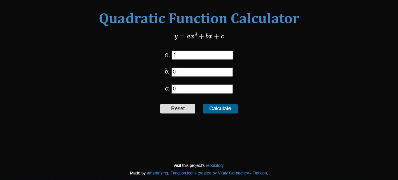 print screen of Qudratic Function Calculator