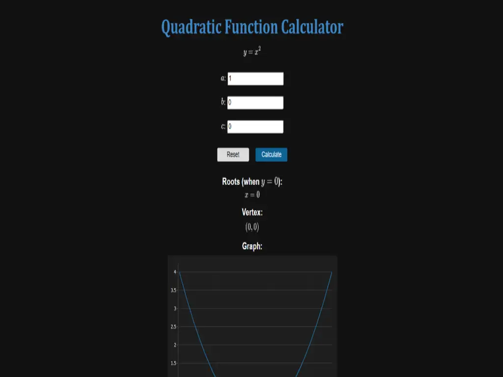 print screen of Qudratic Function Calculator